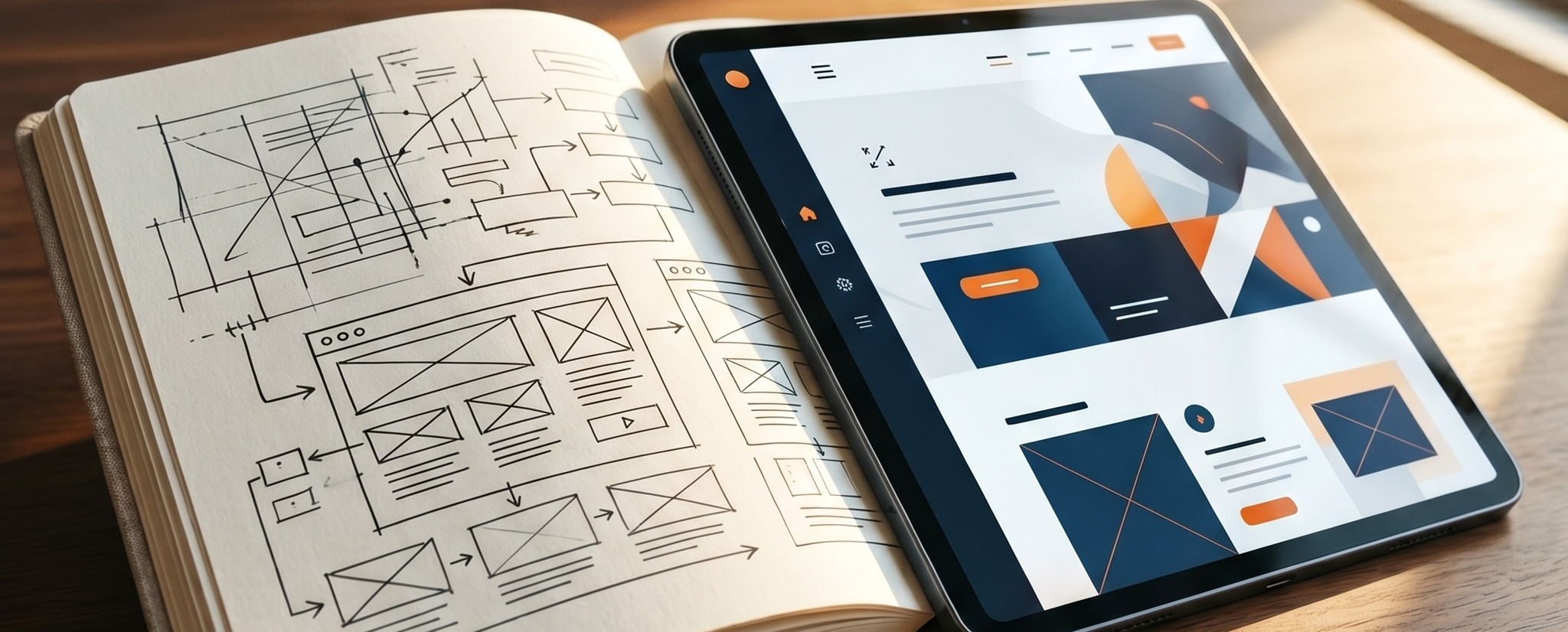 Ein geöffnetes Skizzenbuch mit handgezeichneten Website-Wireframes liegt neben einem Tablet, das das fertige digitale Webdesign auf einem Holztisch zeigt.